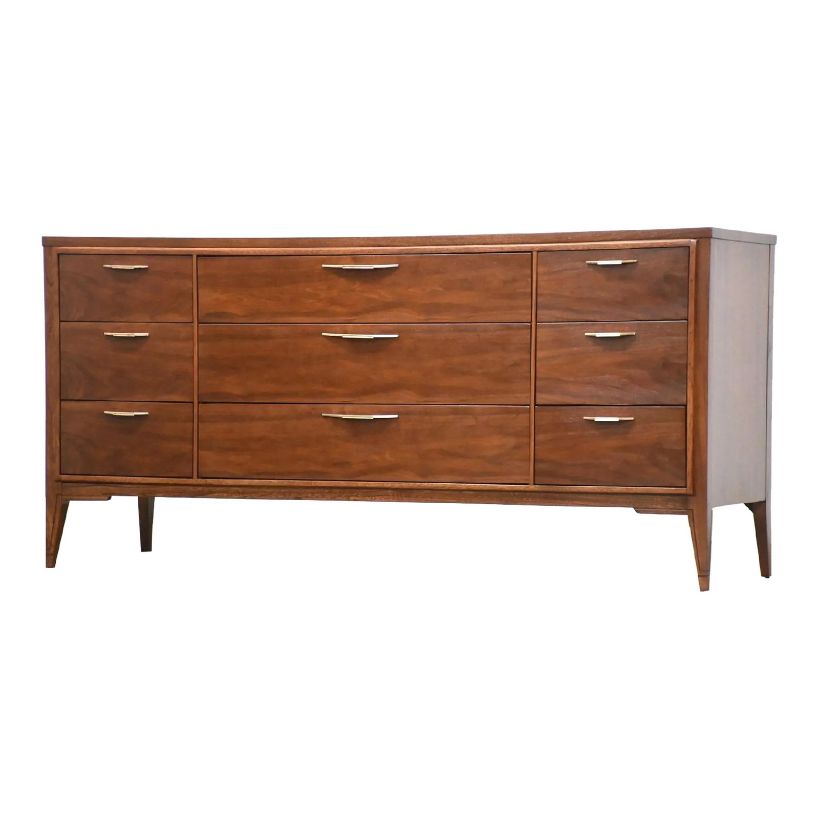 Kent Coffey Tempo Walnut Dresser with Brass Pulls 64": Kent Coffey Tempo Walnut Dresser with Brass Pulls 64" Introducing a stunning mid-century modern dresser from Kent Coffey Tempo, meticulously refinished to restore its original charm. This elegant nine