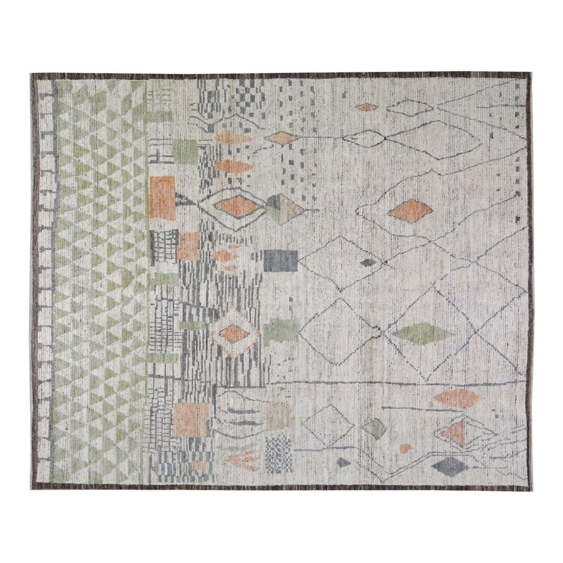 8'3 x 10' Wool Area Rug Hand Knotted Moroccan Style: 8'3 x 10' Wool Area Rug Hand Knotted Moroccan Style This Moroccan hand-knotted wool rug is crafted using traditional techniques, offering a blend of timeless craftsmanship and modern design. Its durab
