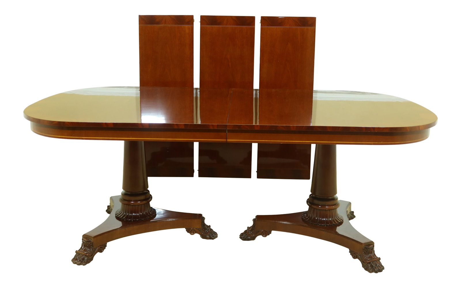 Kindel Empire Style Mahogany Dining Table with 3 Leaves: Kindel Empire Style Mahogany Dining Table with 3 Leaves This exquisite Kindel Empire Style Dining Table features a rich reddish mahogany finish and intricate line inlay work, showcasing high-quality c