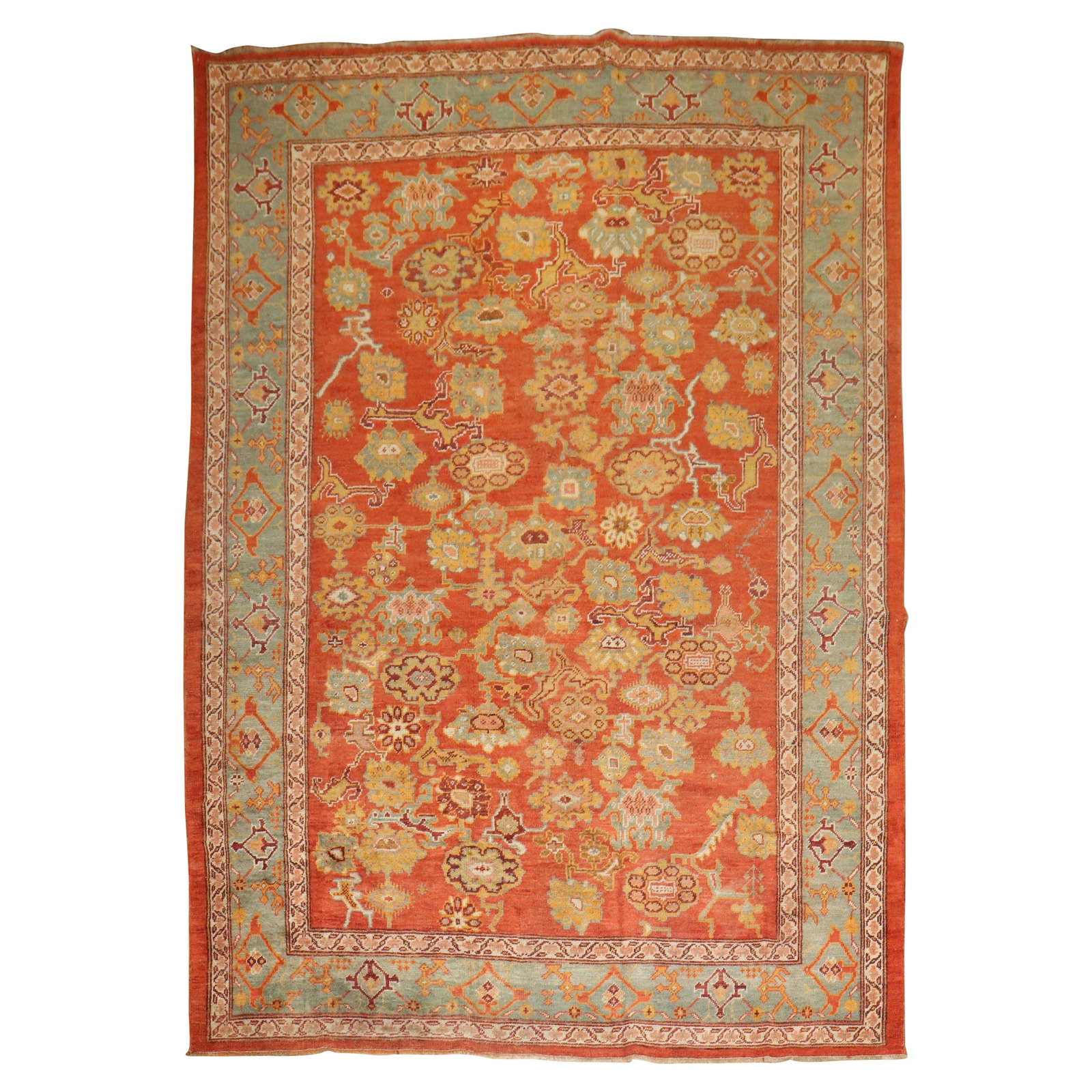 Antique Oushak Coral Red Rug 94 x 130 in Hand-Woven Wool Turkey: Antique Oushak Coral Red Rug 94 x 130 in Hand-Woven Wool Turkey Discover the exquisite artistry of this early 20th Century Antique Turkish Oushak Rug, featuring a striking coral red hue. Hand-woven fr