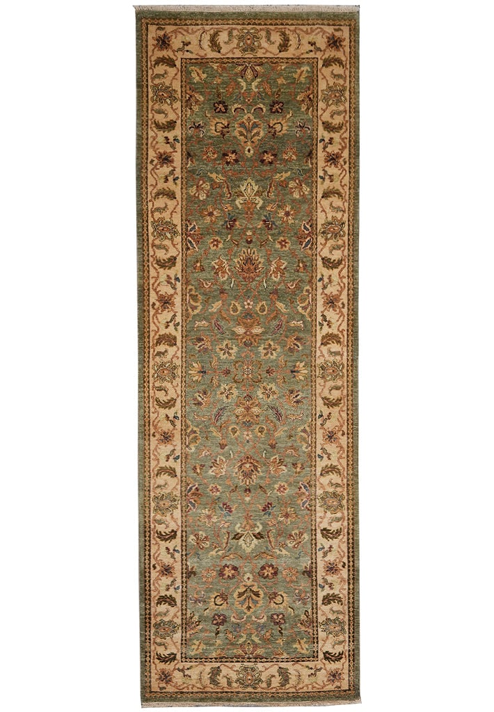 Handmade Chobi Peshawar Green Wool Runner Rug 3.8 x 11.3 Feet: Handmade Chobi Peshawar Green Wool Runner Rug 3.8 x 11.3 Feet Free continental US Shipping This handmade Chobi Peshawar wide runner features a rich green color complemented by soft beige, muted gold, 