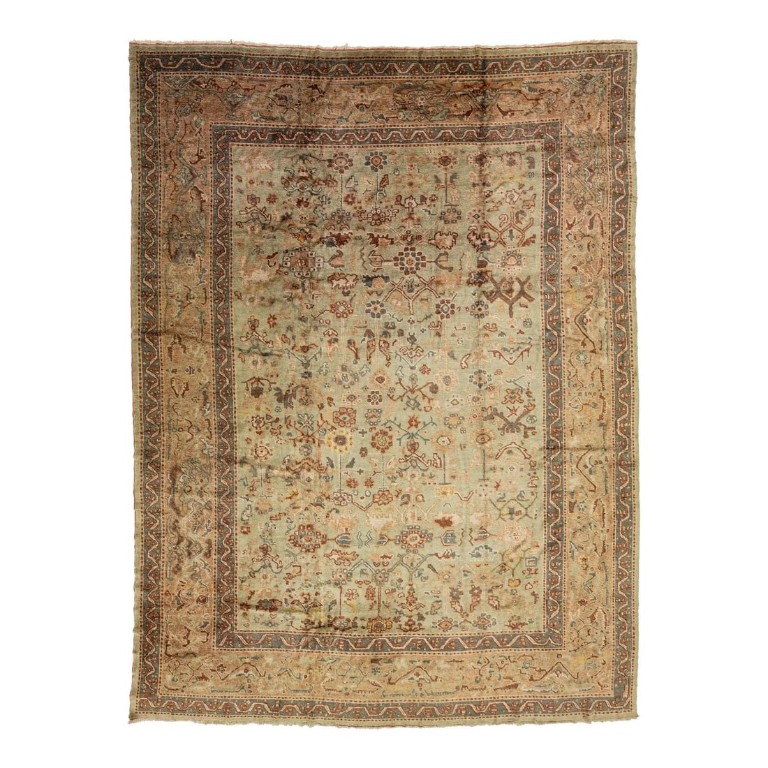 Antique Turkish Oushak Wool Rug 13'2 x 17'7 Light Green Floral Design: Antique Turkish Oushak Wool Rug 13'2 x 17'7 Light Green Floral Design Enhance your living space with this exquisite hand-knotted Turkish Oushak rug, crafted from plush wool. The rug features a beautif