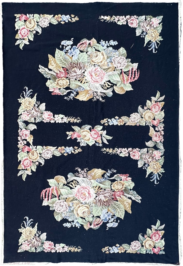 French Victorian Blue Wool Needlepoint Tapestry Rug 6 x 9 ft (1 of 9)