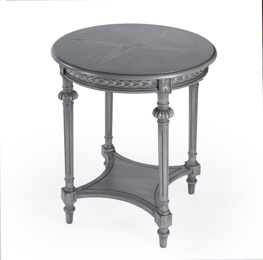 Butler Hellinger Side Table Cherry Veneer Powder Gray Finish: Butler Hellinger Side Table Cherry Veneer Powder Gray Finish Introducing the Sophisticated Hellinger Side Table, a perfect addition to any formal decor. This elegantly designed side table features a p