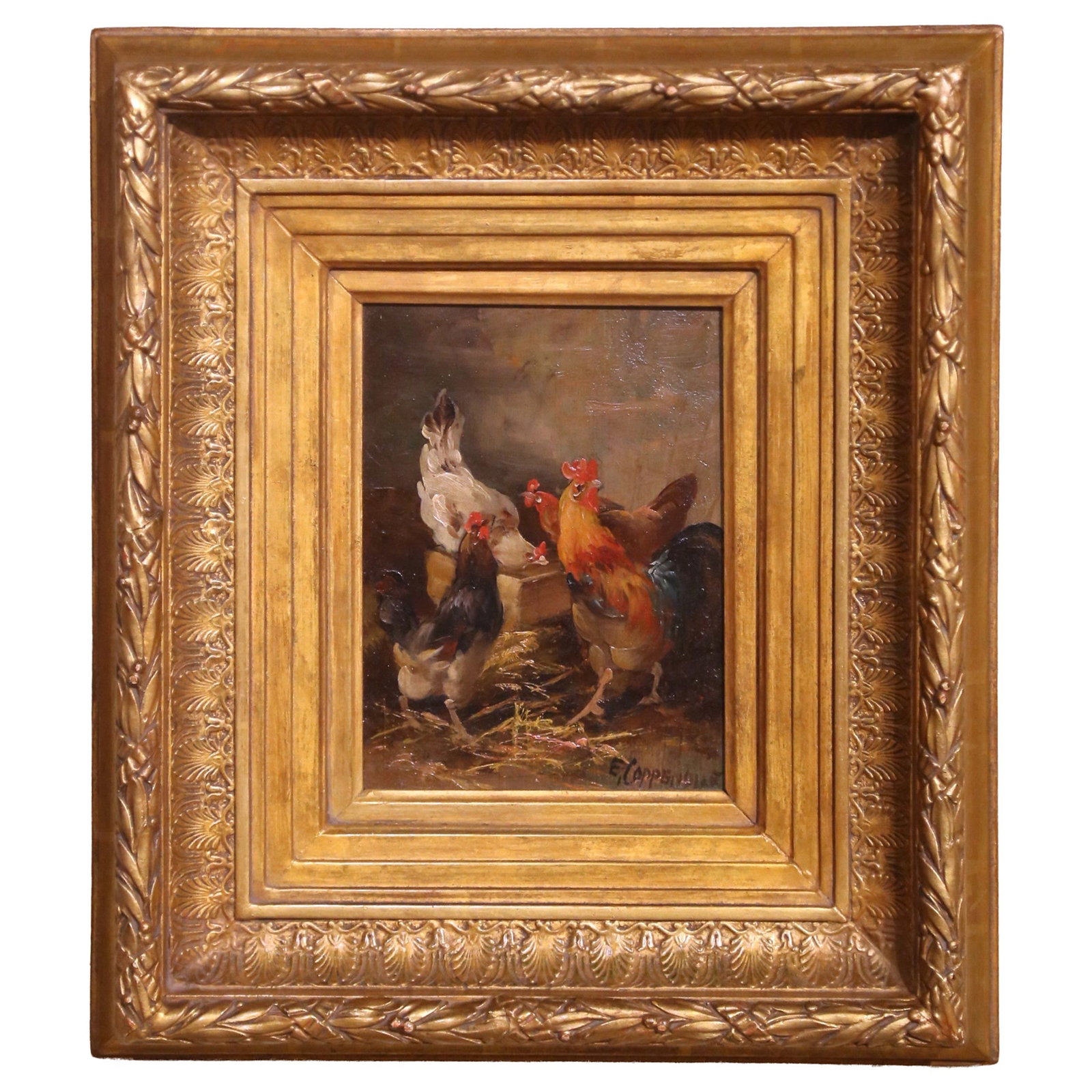 19th Century Oil Painting by Edmond van Coppenolle in Gilt Frame: 19th Century Oil Painting by Edmond van Coppenolle in Gilt Frame This exquisite 19th-century oil on board painting features a charming barnyard scene with a lively group of chickens gathered around a 
