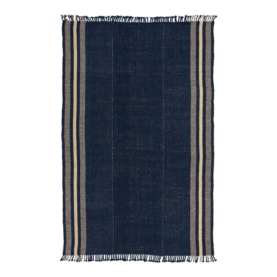 6'10 x 10'7 Hand Knotted Wool Kilim Rug Indigo Blue Cream: 6'10 x 10'7 Hand Knotted Wool Kilim Rug Indigo Blue Cream This modern Kilim-style wool rug is hand-knotted and features a striking indigo blue field with cream and sand-toned borders. Crafted from nat