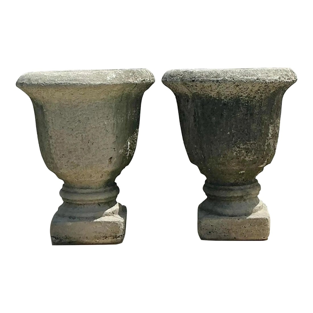 Elegant Vintage Regency Cast Cement Planters Pair 16.5" Round 19.5" Tall: Elegant Vintage Regency Cast Cement Planters Pair 16.5" Round 19.5" Tall Enhance your garden, terrace, or entryway with this pair of Vintage Regency Cast Cement Planters. Featuring a timeless fluted u