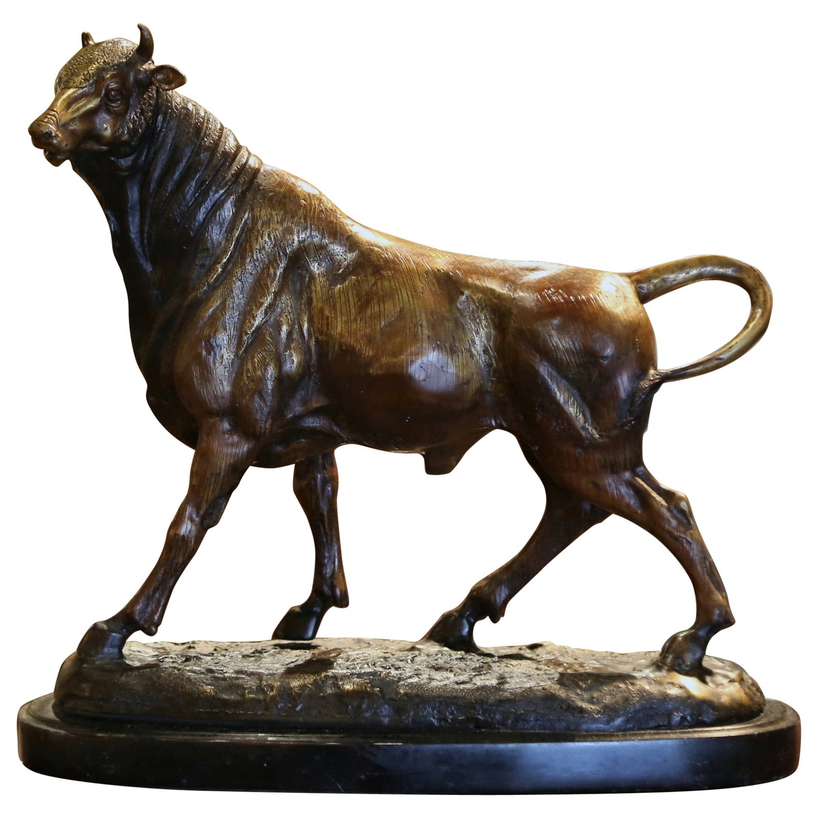 Circa 1920 French Bronze Bull Sculpture on Black Marble Base: Circa 1920 French Bronze Bull Sculpture on Black Marble Base This exquisite early 20th century French bronze bull sculpture captures the essence of its subject with striking detail. Crafted circa 1920
