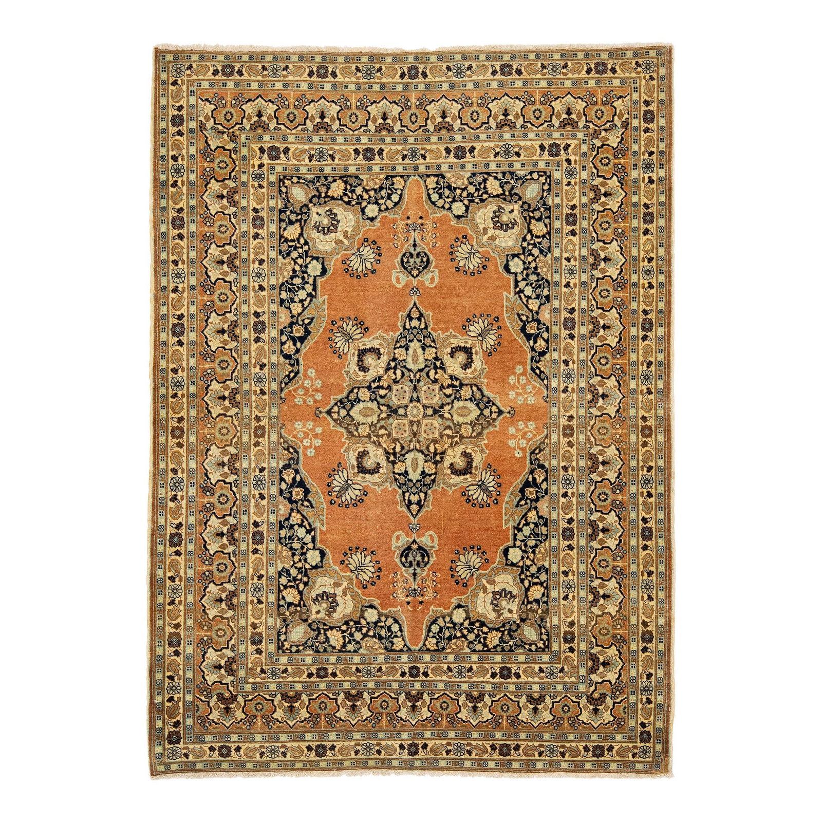 1920s Handmade Persian Tabriz Wool Rug Floral Medallion Design: 1920s Handmade Persian Tabriz Wool Rug Floral Medallion Design This stunning Persian Tabriz wool rug features a beautifully crafted traditional floral medallion design, highlighted by a striking tan a