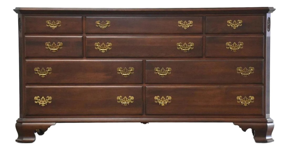 1960s Ethan Allen Georginian Court Cherry Wood Dresser with Brass Pulls: 1960s Ethan Allen Georginian Court Cherry Wood Dresser with Brass Pulls This exquisite 1960s Ethan Allen Georginian Court dresser showcases a solid cherry wood construction, featuring ten dovetail dra