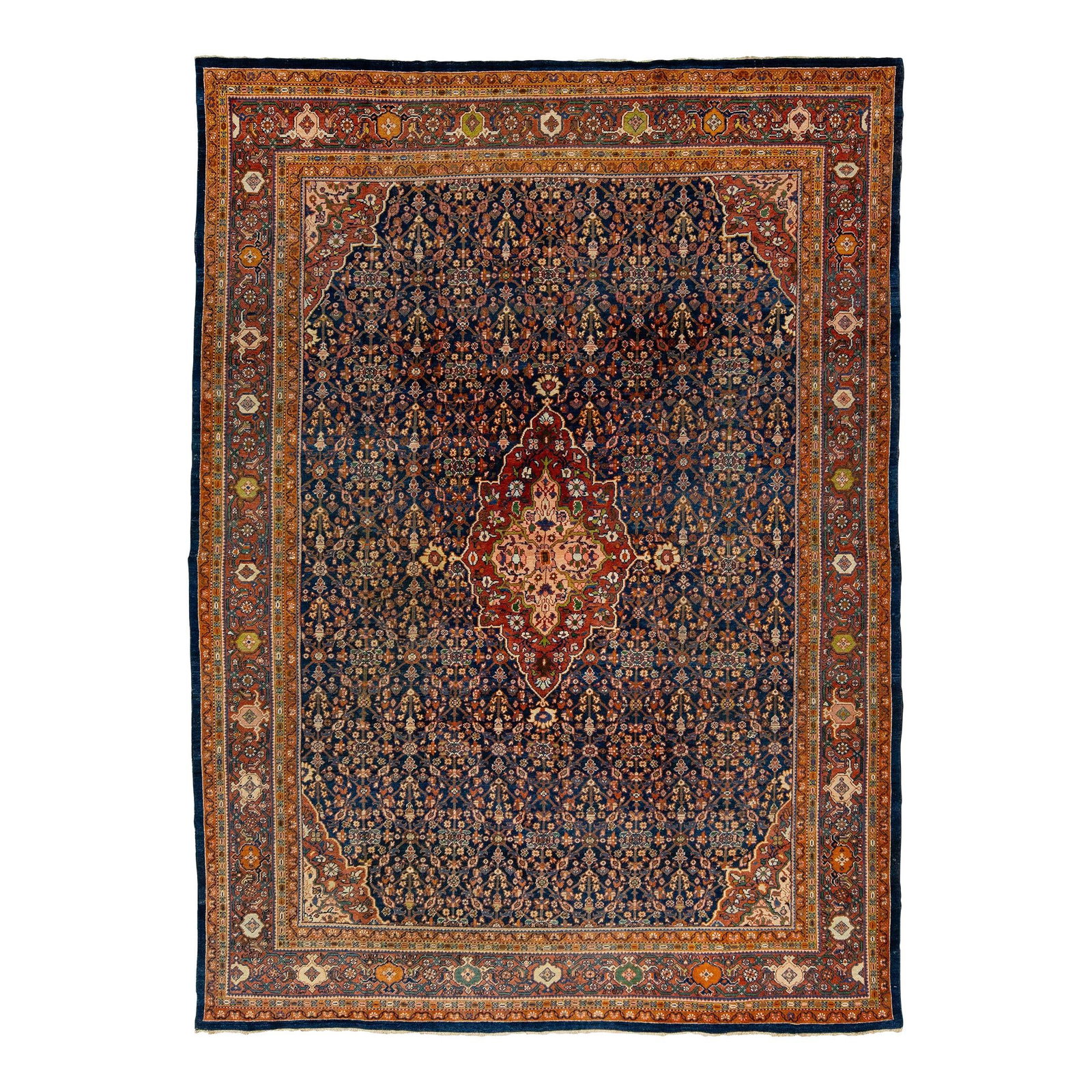 Antique Persian Farahan Handmade Wool Rug 8'10 x 12'1 Navy Blue: Antique Persian Farahan Handmade Wool Rug 8'10 x 12'1 Navy Blue Add a touch of elegance to your home with this stunning Antique Persian Farahan handmade rug. Crafted from high-quality hand-knotted woo