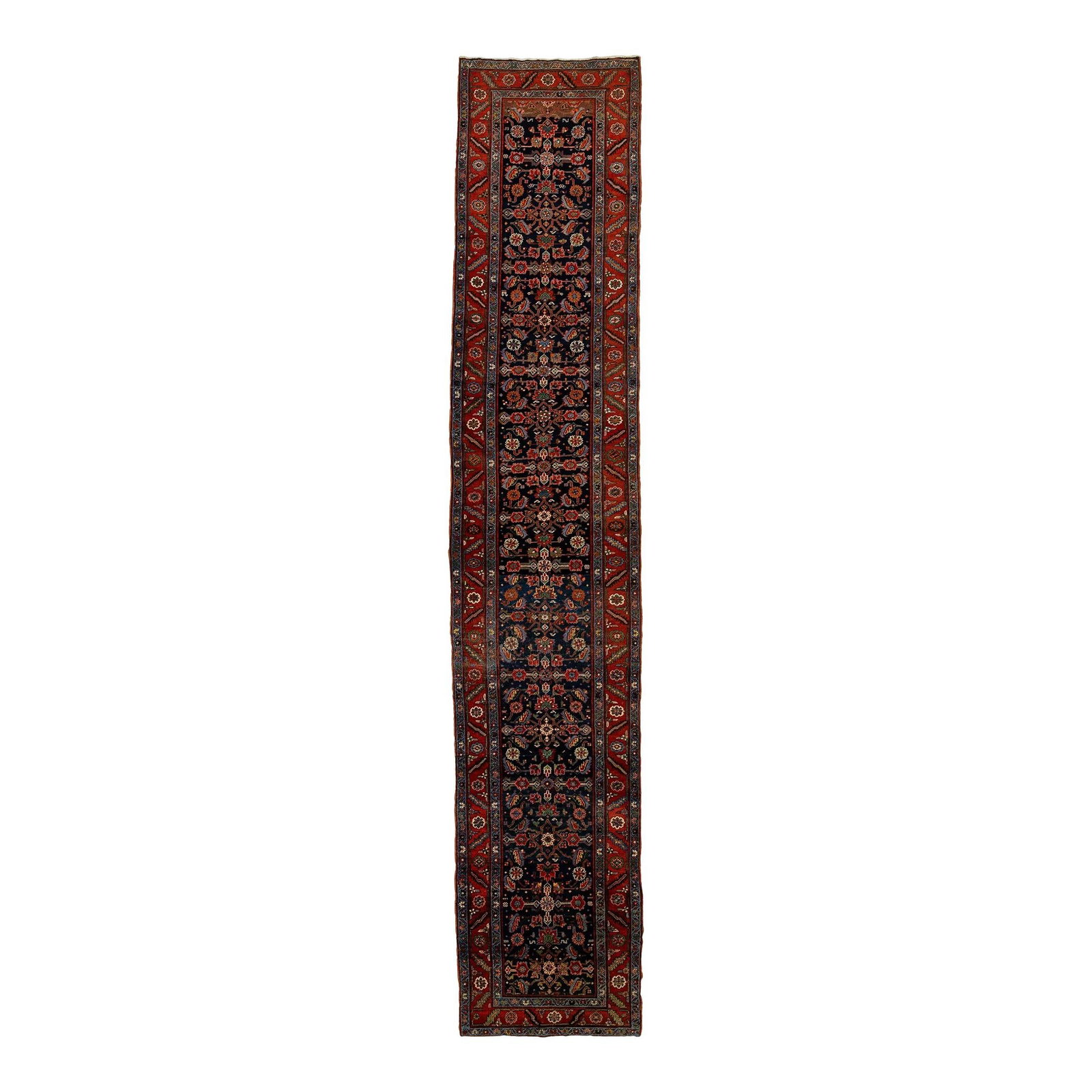 Antique Heriz Wool Runner 1900s Dark Blue Floral Design 3'3 x 16'6: Antique Heriz Wool Runner 1900s Dark Blue Floral Design 3'3 x 16'6 Enhance your space with this exquisite 1900s antique Heriz wool runner. Hand-knotted with a rich dark blue field, it showcases a capt