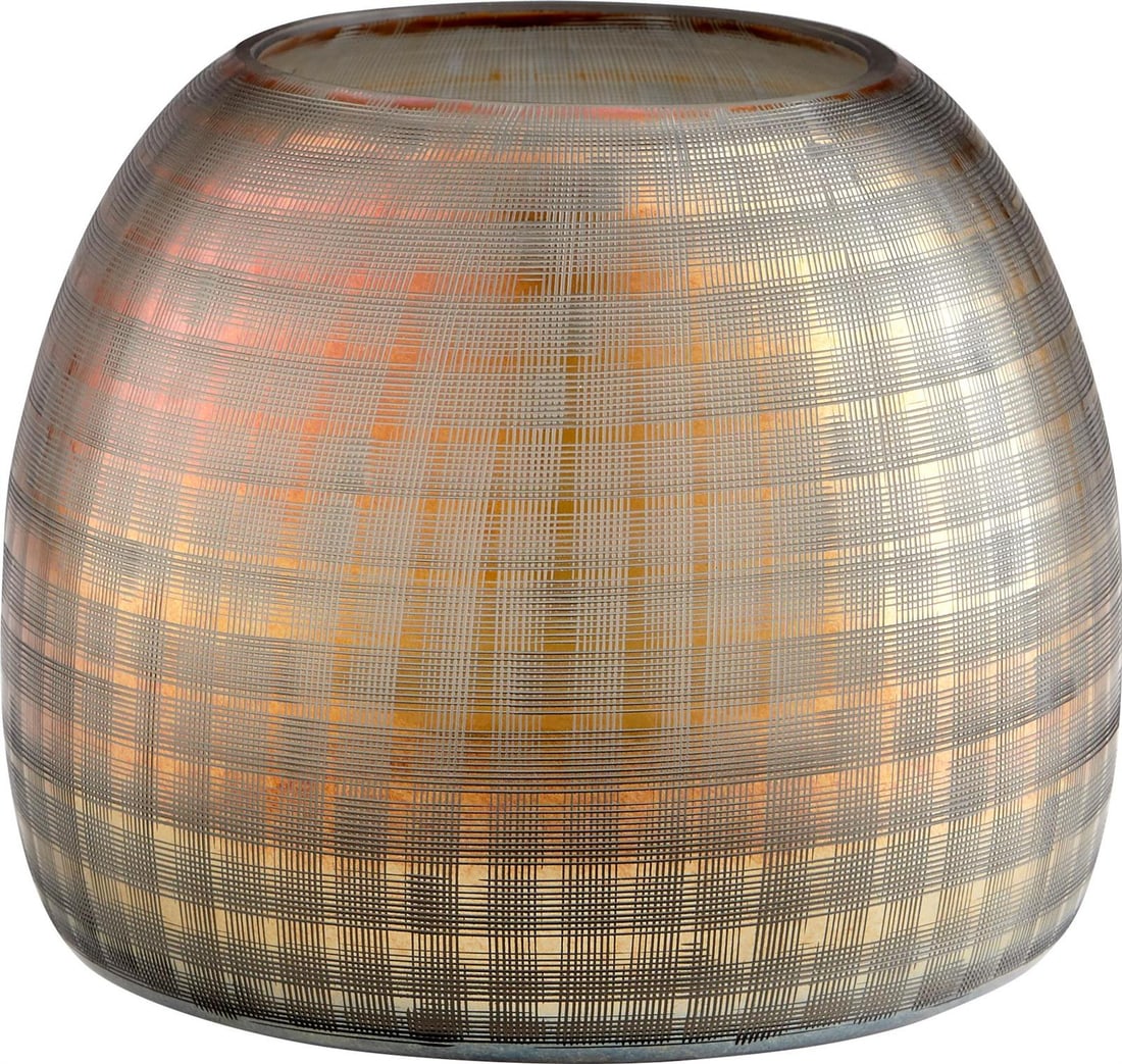 Cyan Gradient Grid Glass Vase Combed Iridescent Gold 9.5H 12W 12L (1 of 1)