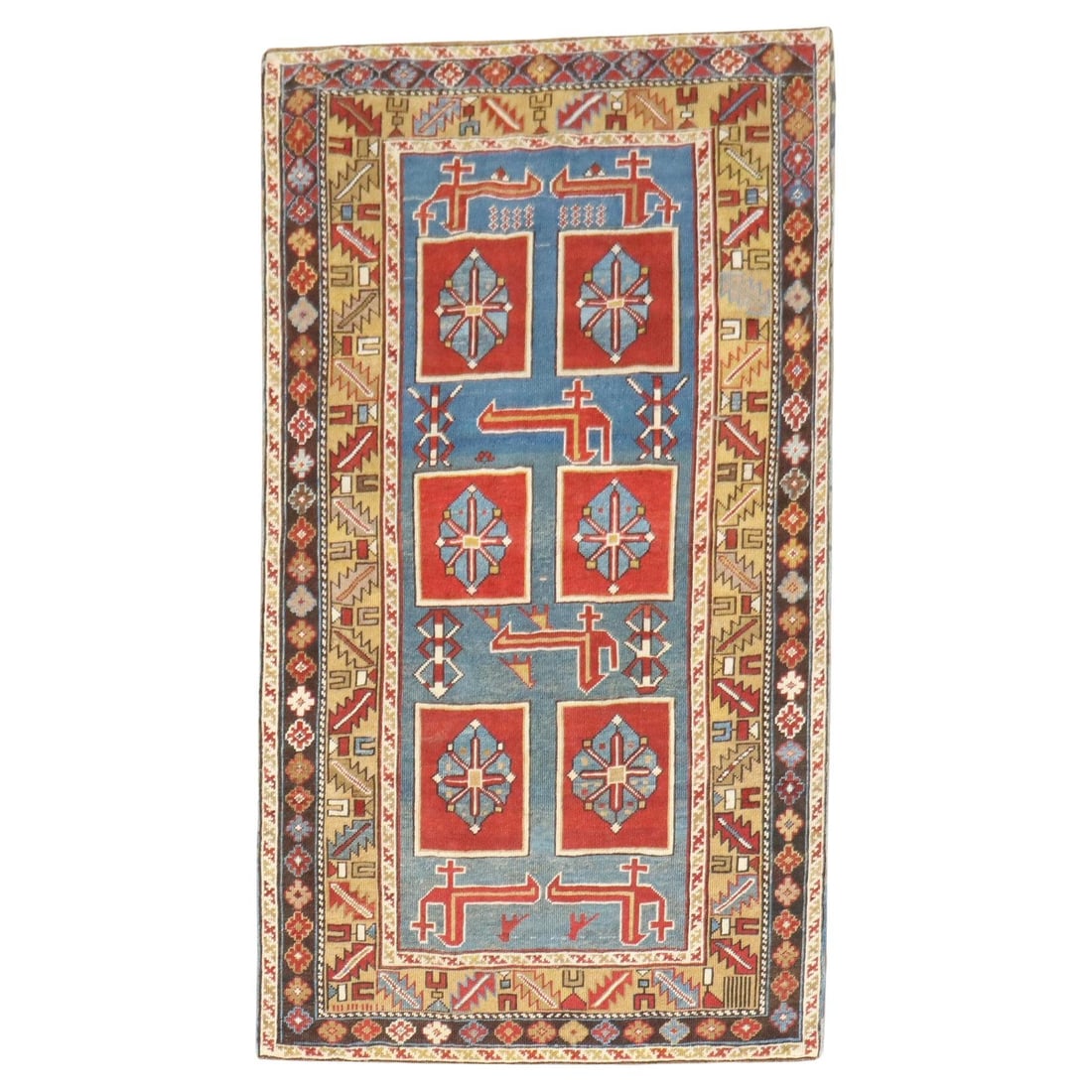 Antique 19th Century Blue Kazak Karaghashli Rug 3' x 5': Antique 19th Century Blue Kazak Karaghashli Rug 3' x 5' Discover the beauty of this late 19th century Karaghashli Caucasian rug, crafted around 1880. This striking piece features a vibrant color palet