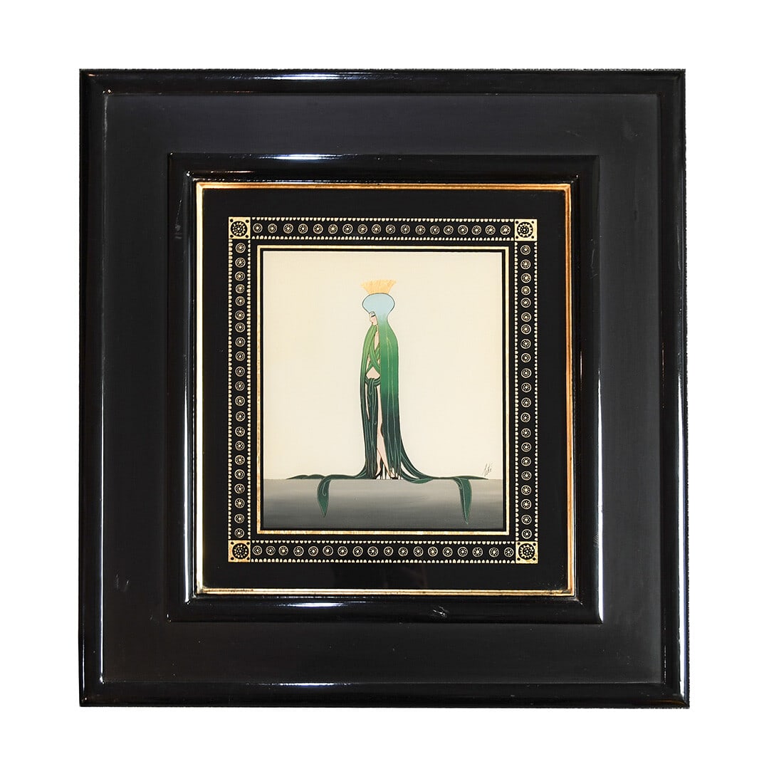 Erte Signed Original Gouache Art Deco Framed with 24k Gold Leaf: Erte Signed Original Gouache Art Deco Framed with 24k Gold Leaf Discover the elegance of this original gouache artwork by the renowned artist Erte, depicting figures in a stunning Art Deco style. This