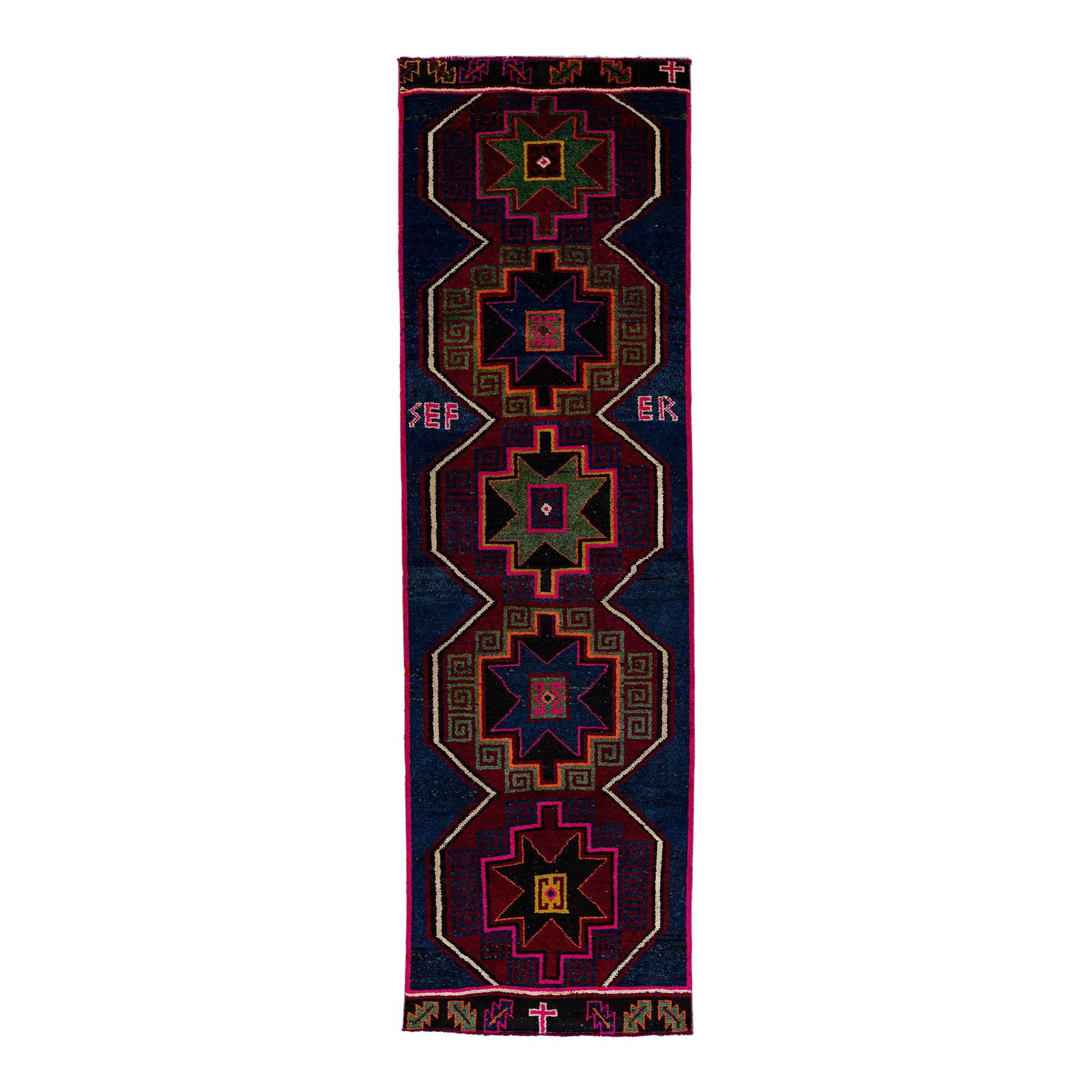 Vintage Turkish Blue Wool Runner Rug Tribal Design 3'10 x 12'8 (1 of 10)
