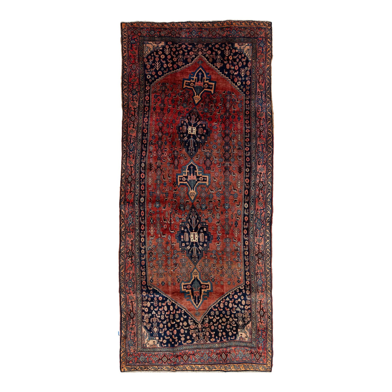 Vintage Persian Bidjar Hand-Knotted Wool Rug Red 5'1 x 10'8: Vintage Persian Bidjar Hand-Knotted Wool Rug Red 5'1 x 10'8 This exquisite vintage Persian Bidjar rug is hand-knotted from rich wool, showcasing a striking red field adorned with intricate blue accent