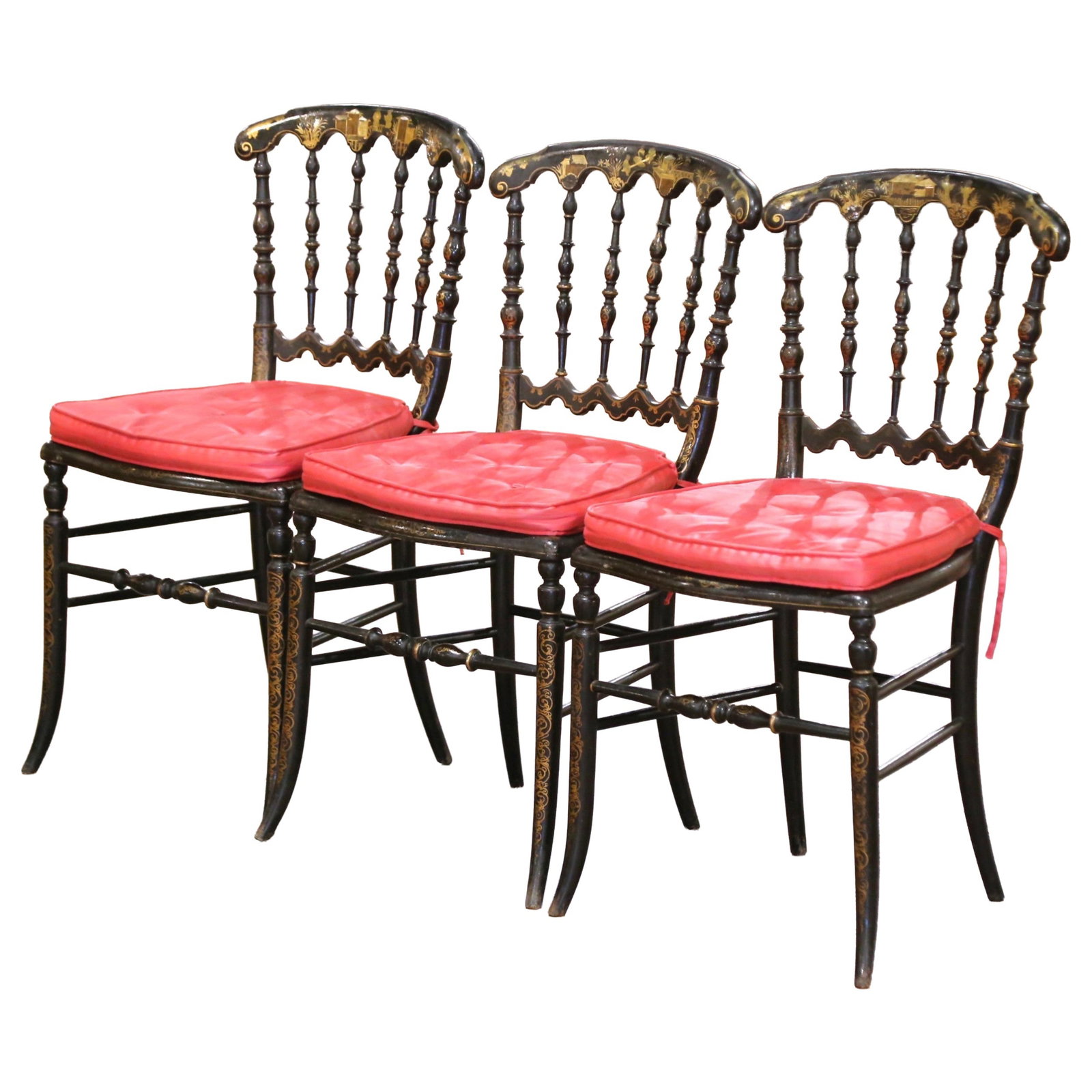 Napoleon III Set of 3 Ebonized Side Chairs with Gilt Chinoiseries: Napoleon III Set of 3 Ebonized Side Chairs with Gilt Chinoiseries This exquisite set of three Napoleon III side chairs showcases the elegance of late 19th-century French design, circa 1870. Each chair