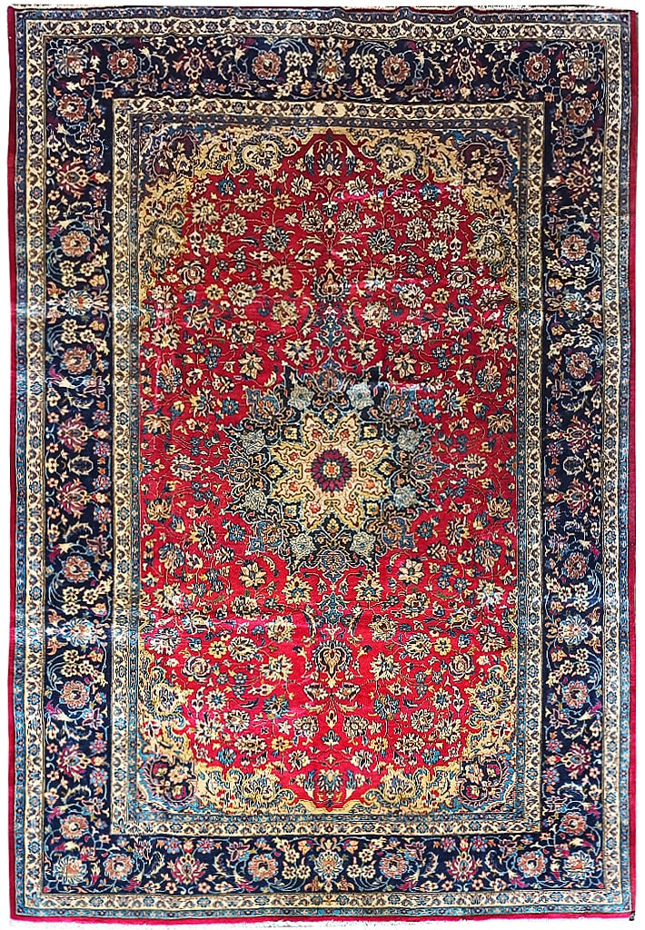 Persian Esfahan Najaf Wool Rug 9.11 x 14.9 Feet Red Blue Hand-Knotted: Persian Esfahan Najaf Wool Rug 9.11 x 14.9 Feet Red Blue Hand-Knotted Free continental US Shipping Transform your space with this stunning Persian Esfahan Najaf Wool Rug, measuring 9.11 x 14.9 feet. H