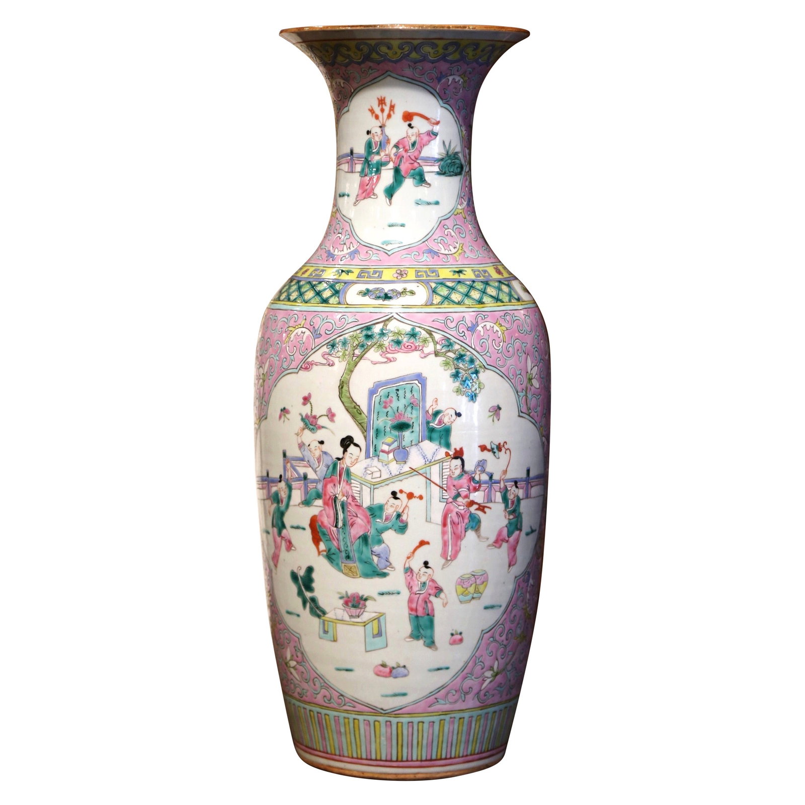 Chinese Export Famille Rose Hand Painted Porcelain Vase 23" Tall: Chinese Export Famille Rose Hand Painted Porcelain Vase 23" Tall This exquisite Early 20th Century Chinese Famille Rose vase, attributed to Canton Famille Rose, showcases the artistry of Chinese expor