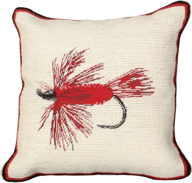 Rustic Needlepoint Throw Pillow with Hair Wing Fly Design: Rustic Needlepoint Throw Pillow with Hair Wing Fly Design Add a touch of rustic charm to your home with this Vintage Style Needlepoint Throw Pillow featuring a captivating fly design. Crafted in a vin