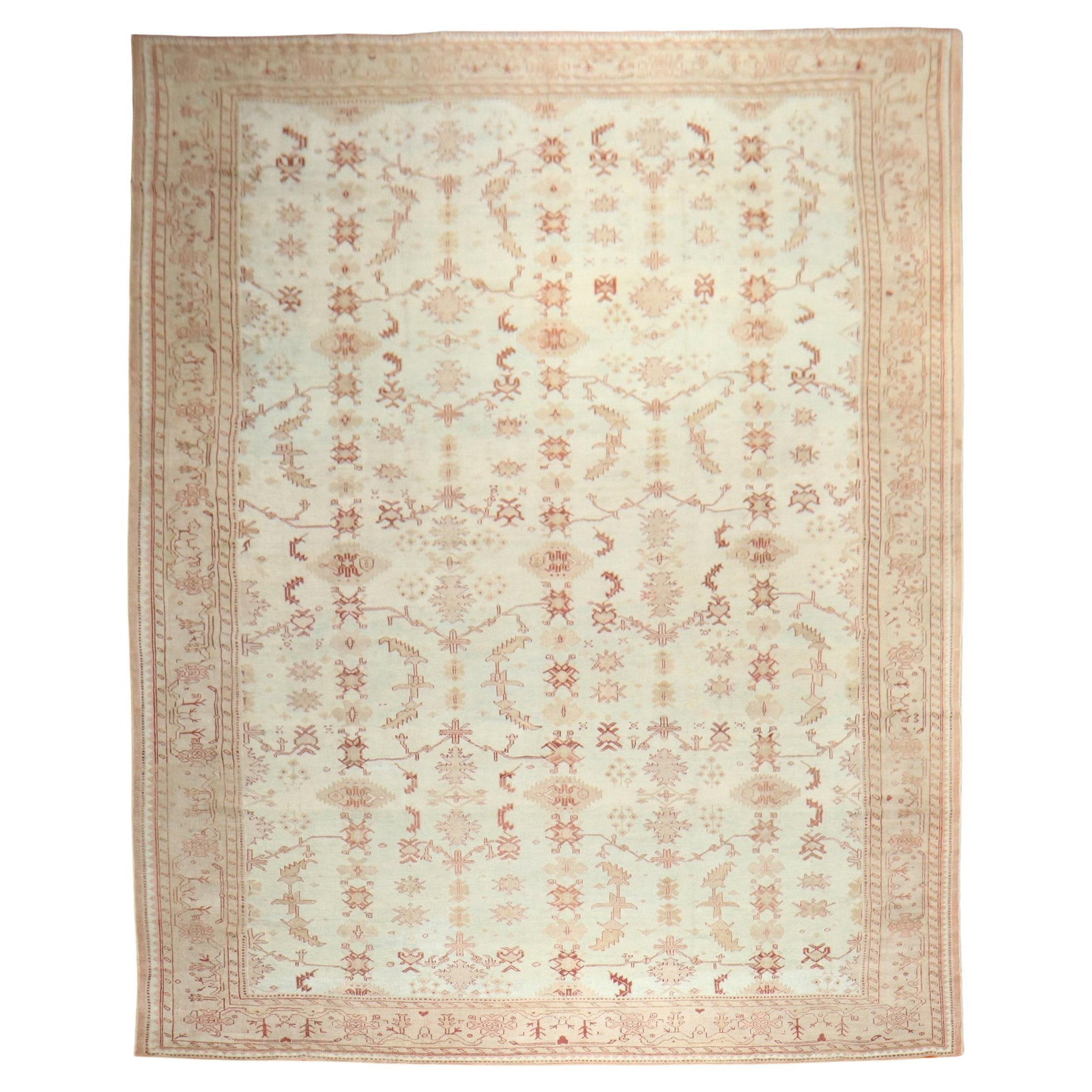 Antique Turkish Oushak Rug 143 x 221 Light Blue Wool Hand-Woven: Antique Turkish Oushak Rug 143 x 221 Light Blue Wool Hand-Woven This exquisite oversized Turkish Oushak rug from the early 20th century features a captivating all-over design set against a light blue 