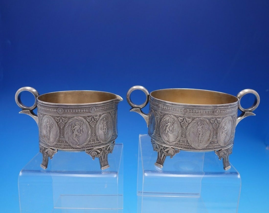 Whiting Lotus Sterling Silver 2pc Sugar Creamer Set Art Nouveau: Whiting Lotus Sterling Silver 2pc Sugar Creamer Set Art Nouveau Enhance your dining experience with this exquisite 2-piece sugar and creamer set from the Lotus pattern by Whiting. Crafted in the Art N