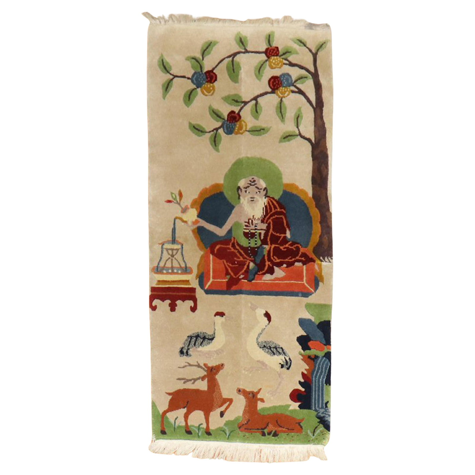 Tang Style Chinese Buddhist Meditation Pictorial Wool Rug 27 x 55: Tang Style Chinese Buddhist Meditation Pictorial Wool Rug 27 x 55 This stunning Chinese Buddhist Meditation Pictorial Rug showcases exquisite craftsmanship and cultural significance. Hand-woven from h