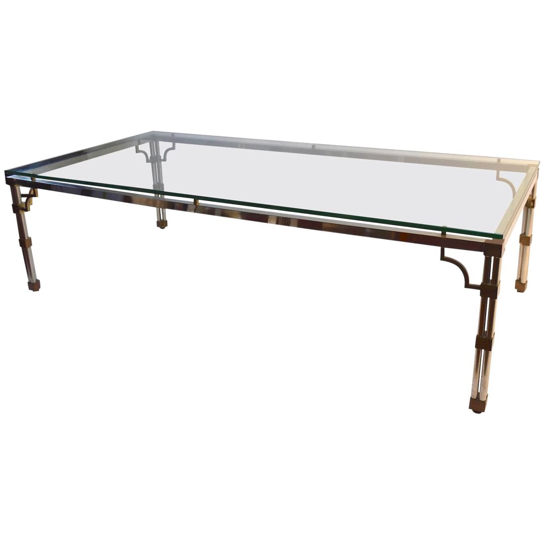 Maison Jansen Inspired Large Dining Table Chrome Brass Glass 96": Maison Jansen Inspired Large Dining Table Chrome Brass Glass 96" This impressive large dining table features an extra-long 96" thick plate glass top, providing ample space for dining or conferences. T