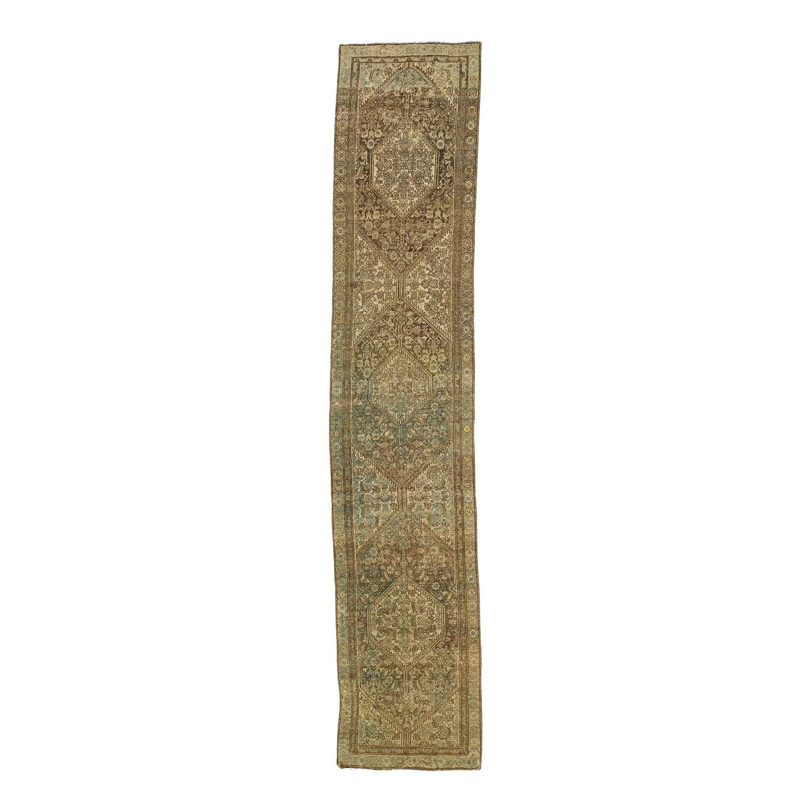Antique Malayer Persian Wool Runner Rug Blue Medallion Design 3'2 x 15'11: Antique Malayer Persian Wool Runner Rug Blue Medallion Design 3'2 x 15'11 This exquisite antique Malayer Persian runner rug features a stunning blue field adorned with intricate brown and beige accent