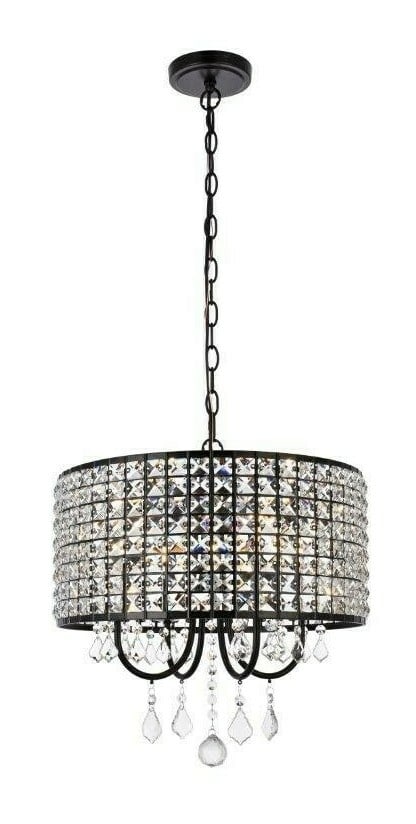 Living District Elise 4-Light Black Crystal Pendant Chandelier 17 inch: Living District Elise 4-Light Black Crystal Pendant Chandelier 17 inch This modern crystal pendant chandelier features a black iron finish and a round open lattice design adorned with royal cut clear 