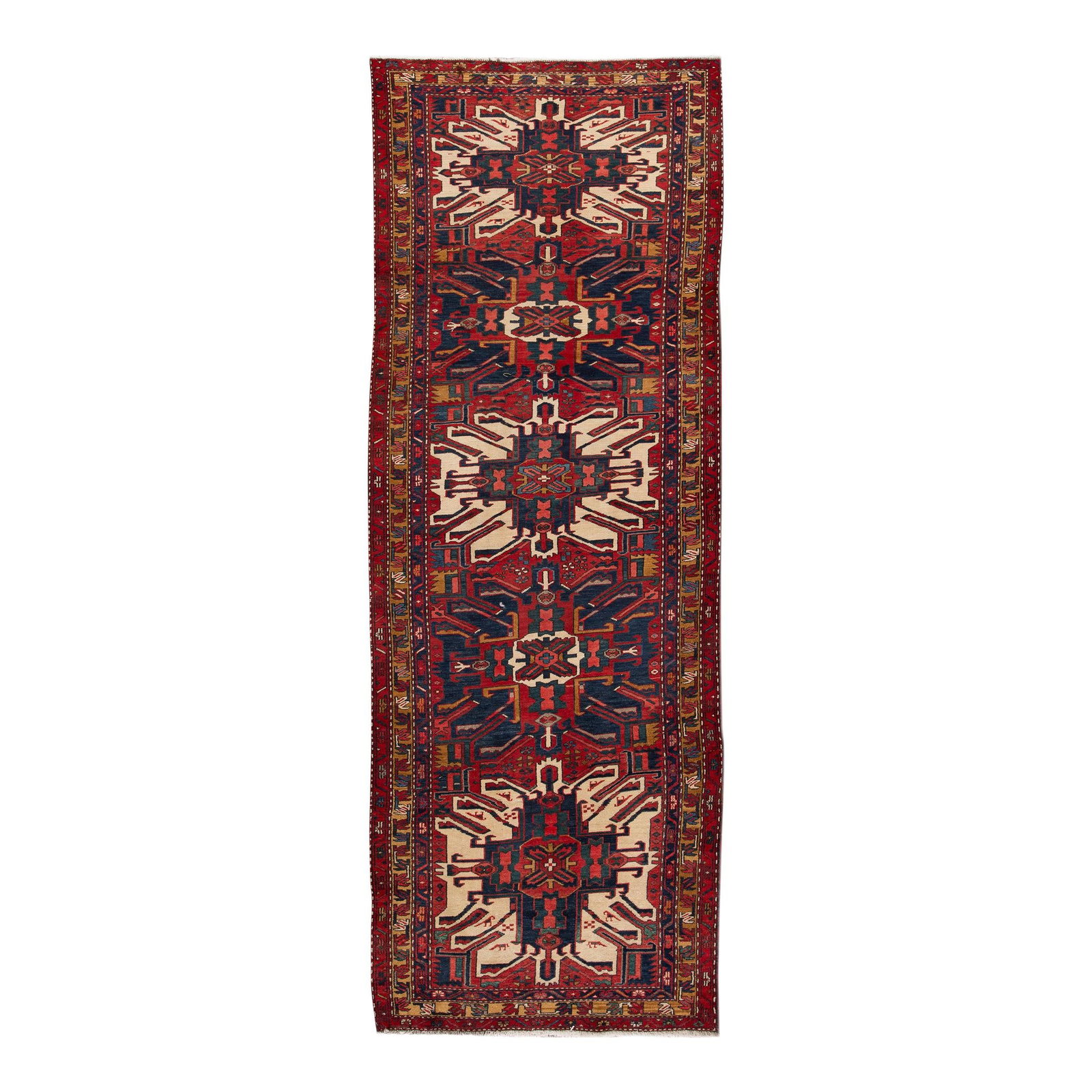 Vintage Persian Heriz Handmade Wool Runner Red Tribal Design 3'8 x 10'7: Vintage Persian Heriz Handmade Wool Runner Red Tribal Design 3'8 x 10'7 This exquisite 1960s Vintage Persian Heriz Handmade Runner features a stunning red field adorned with multi-color accents in a c