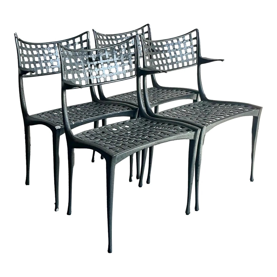 Set of 4 Cast Aluminum Grid Back Outdoor Dining Chairs in the Style of Brown Jordan (1 of 10)