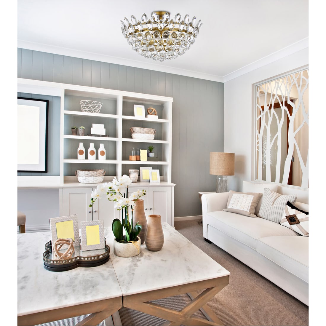 Emilia Brass Crystal Flush Mount 5 Light Chandelier 20 inch: Emilia Brass Crystal Flush Mount 5 Light Chandelier 20 inch This modern flush mount chandelier features a brass and clear finish with royal cut crystals, offering a sophisticated look for various indo