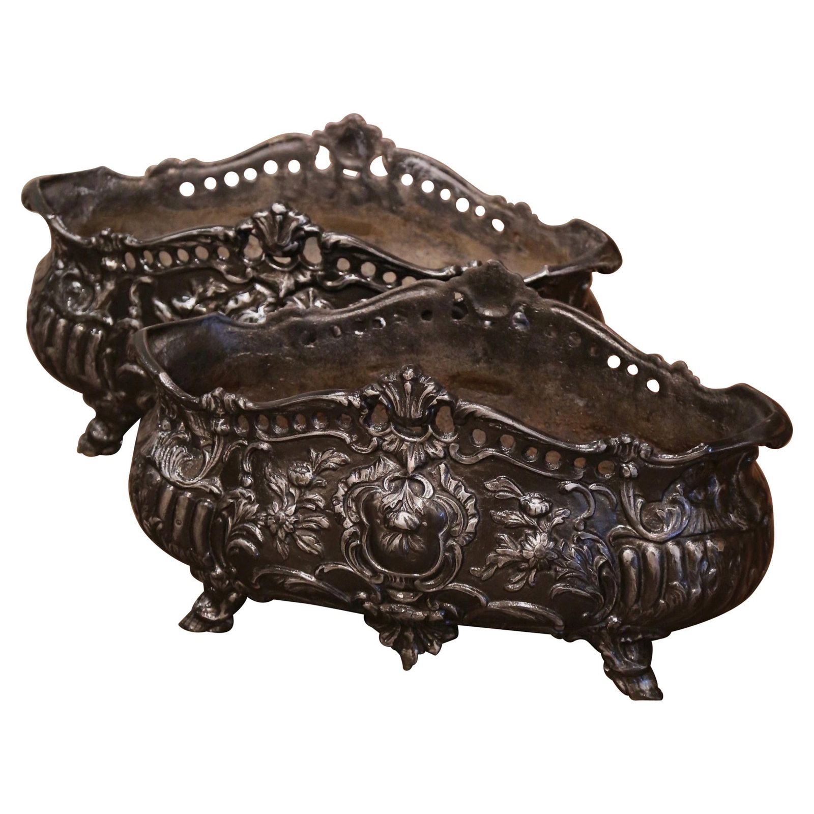 19th Century French Louis XV Cast Iron Planter Set by Dechenard: 19th Century French Louis XV Cast Iron Planter Set by Dechenard Enhance your garden or entryway with this exquisite pair of 19th Century French Louis XV cast iron jardinieres, signed by the renowned f