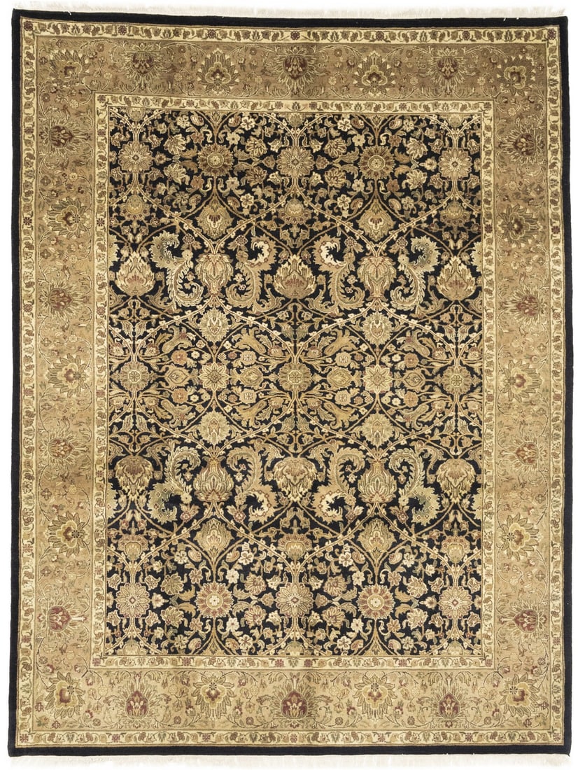 9' x 12' Wool Floral Area Rug Hand-Knotted Agra Jaipur Design: 9' x 12' Wool Floral Area Rug Hand-Knotted Agra Jaipur Design This handmade Agra Jaipur area rug features a floral pattern and is crafted from high-quality wool with a thick, medium pile. The rug is h