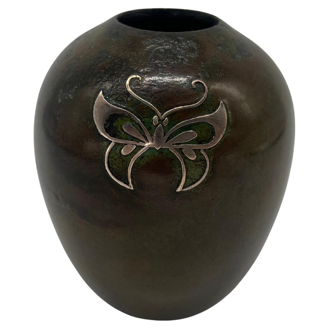Antique Japanese Miniature Bronze Vase with Sterling Silver Butterfly Motif Signed (1 of 8)