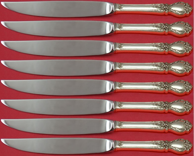 International Silver Brocade 8pc Steak Knife Set Sterling Silver Hollow Handle: International Silver Brocade 8pc Steak Knife Set Sterling Silver Hollow Handle This exquisite set of 8 steak knives features a stunning Brocade pattern by International Silver. Each knife boasts a