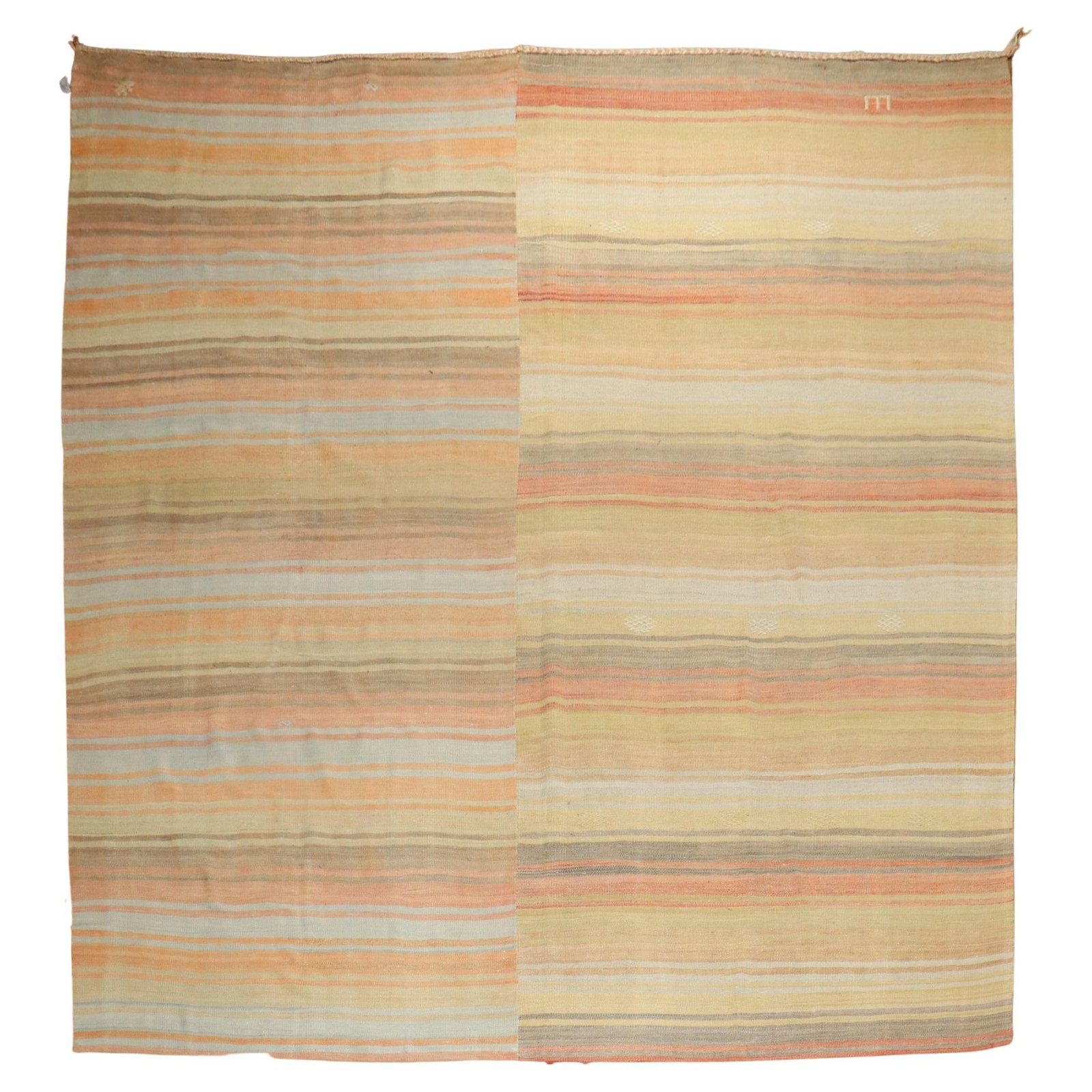 Mid-Century Modern Turkish Kilim 9'10 x 11 Wool Vintage Rug: Mid-Century Modern Turkish Kilim 9'10 x 11 Wool Vintage Rug This exquisite Turkish Kilim rug showcases a striking Mid-Century Modern style, crafted from high-quality wool. The warm colors bring an inv
