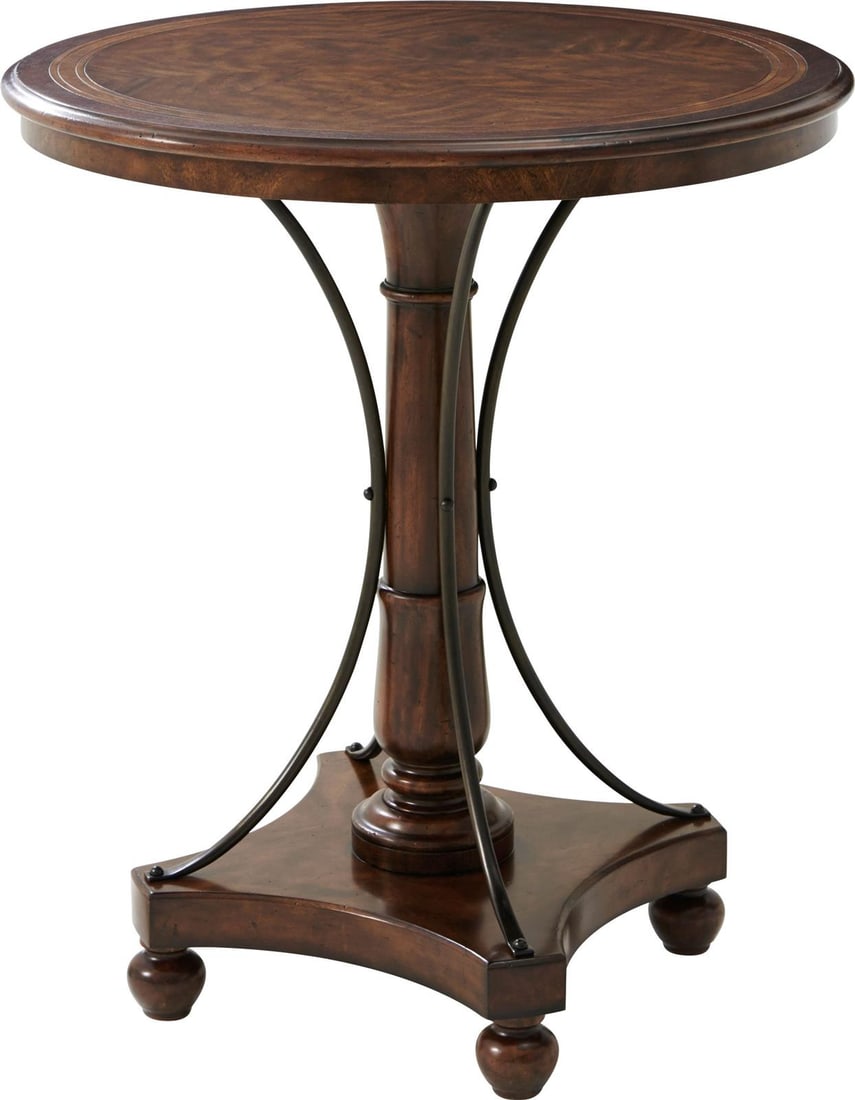 Theodore Alexander Brooksby Circular Bar Table in Mahogany: Theodore Alexander Brooksby Circular Bar Table in Mahogany Elevate your dining experience with this French-Inspired Brooksby Bar Table, expertly crafted in a vintage style. This elegant circular bar t