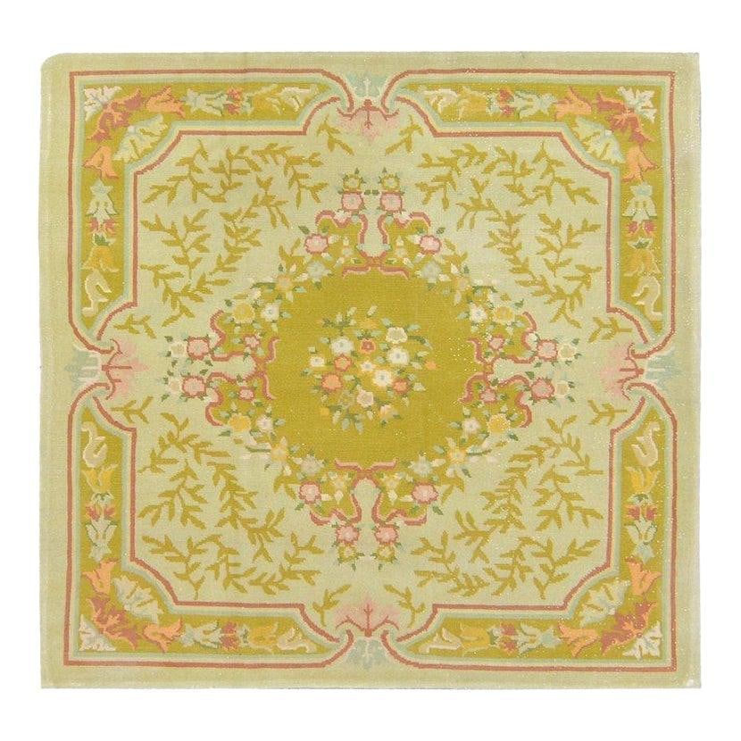 Hand Knotted Wool Chinese Art Deco Rug Green 4'9 x 4'10: Hand Knotted Wool Chinese Art Deco Rug Green 4'9 x 4'10 This vintage Chinese Art Deco rug is hand-knotted from wool using traditional techniques, offering a blend of timeless craftsmanship and modern 