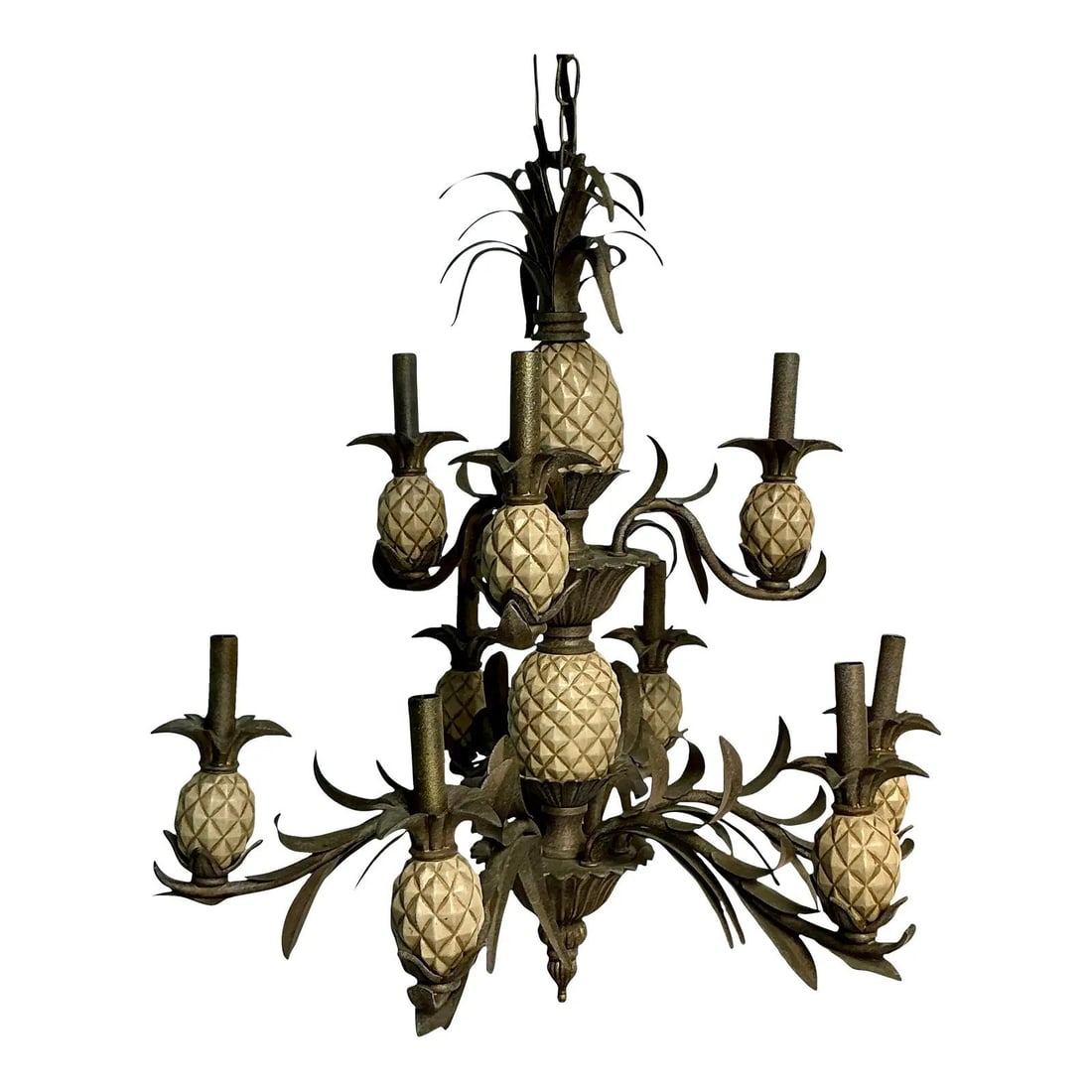 Hollywood Regency Brass Pineapple Motif Eight Arm Chandelier With Palm Fronds: Hollywood Regency Brass Pineapple Motif Eight Arm Chandelier With Palm Fronds This vintage chandelier showcases Hollywood Regency style blended with tropical design elements. Featuring a central stem 