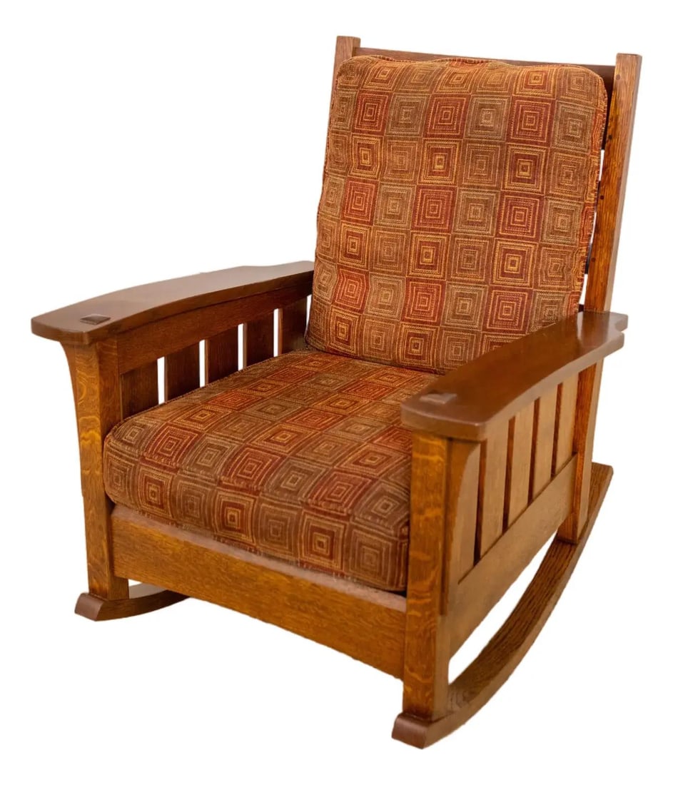 Stickley Large Mission Oak Rocking Chair Arts & Crafts Style: Stickley Large Mission Oak Rocking Chair Arts & Crafts Style Experience the timeless elegance of this Stickley Upholstered Large Mission Oak Rocking Chair, crafted around 2008. This chair features a