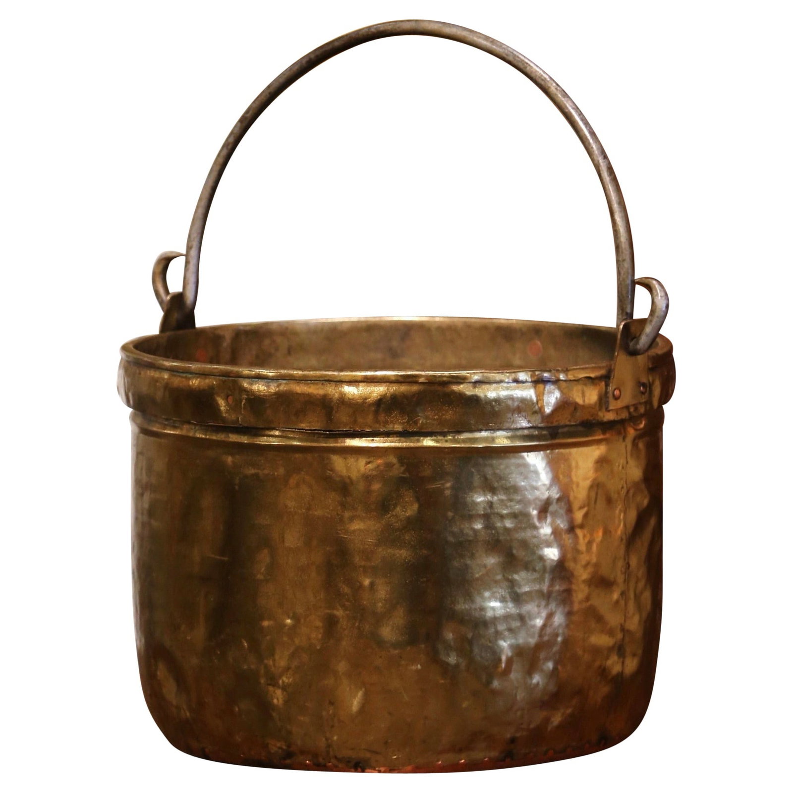 French Brass and Wrought Iron Cache Pot Normandy Circa 1870: French Brass and Wrought Iron Cache Pot Normandy Circa 1870 This large mid-19th century French cache pot showcases a round form crafted from brass with a hand-forged wrought iron handle secured by