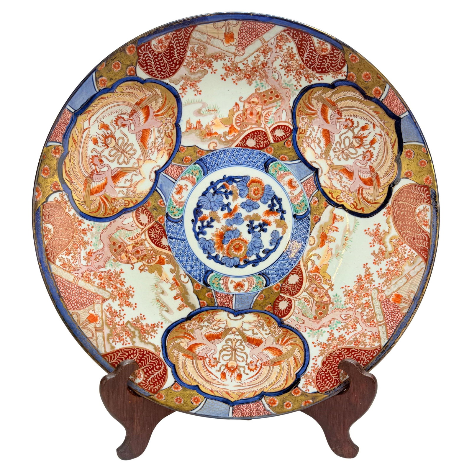 19th Century Japanese Imari Charger with Phoenix and Floral Design: 19th Century Japanese Imari Charger with Phoenix and Floral Design This monumental Japanese Imari charger, dating from the late Edo to Meiji period, showcases exquisite craftsmanship and striking desi