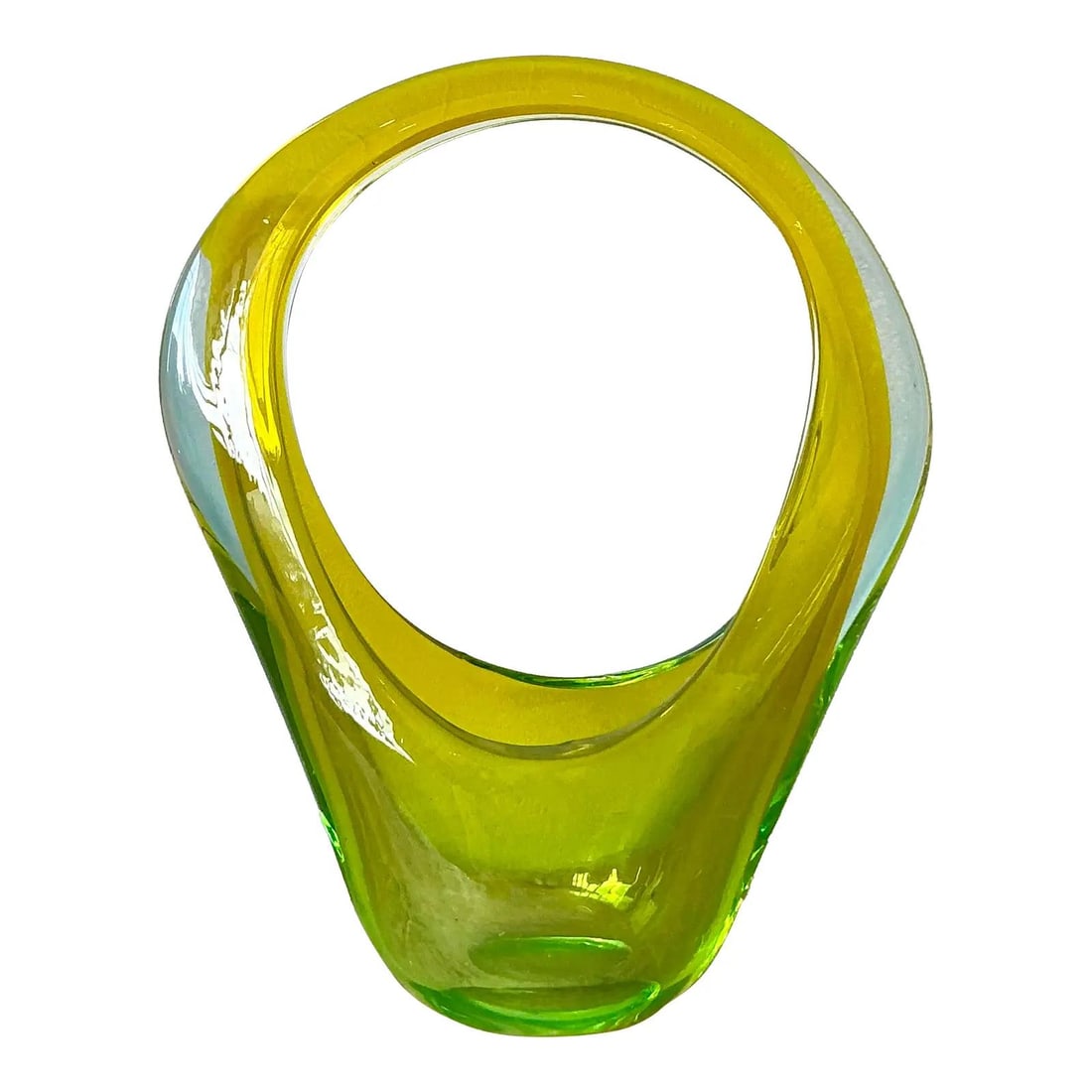 Hand-Blown Italian Mid-Century Art Glass Vase in Chartreuse and Lime Green: Hand-Blown Italian Mid-Century Art Glass Vase in Chartreuse and Lime Green This vintage Italian art glass vase exemplifies mid-century design with its hand-blown, freeform silhouette and thick, solid 