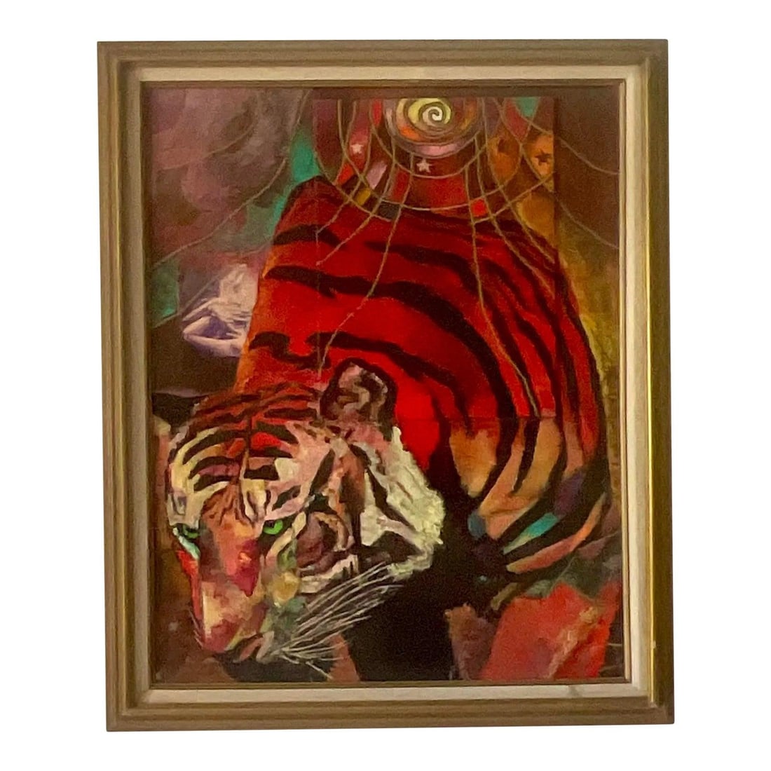 Abstract Tiger Oil Artwork on Masonite with Midcentury Boho Vibe: Abstract Tiger Oil Artwork on Masonite with Midcentury Boho Vibe This mid-20th century abstract figural tiger oil painting on board features a bold and vibrant depiction of a tiger, skillfully rendere