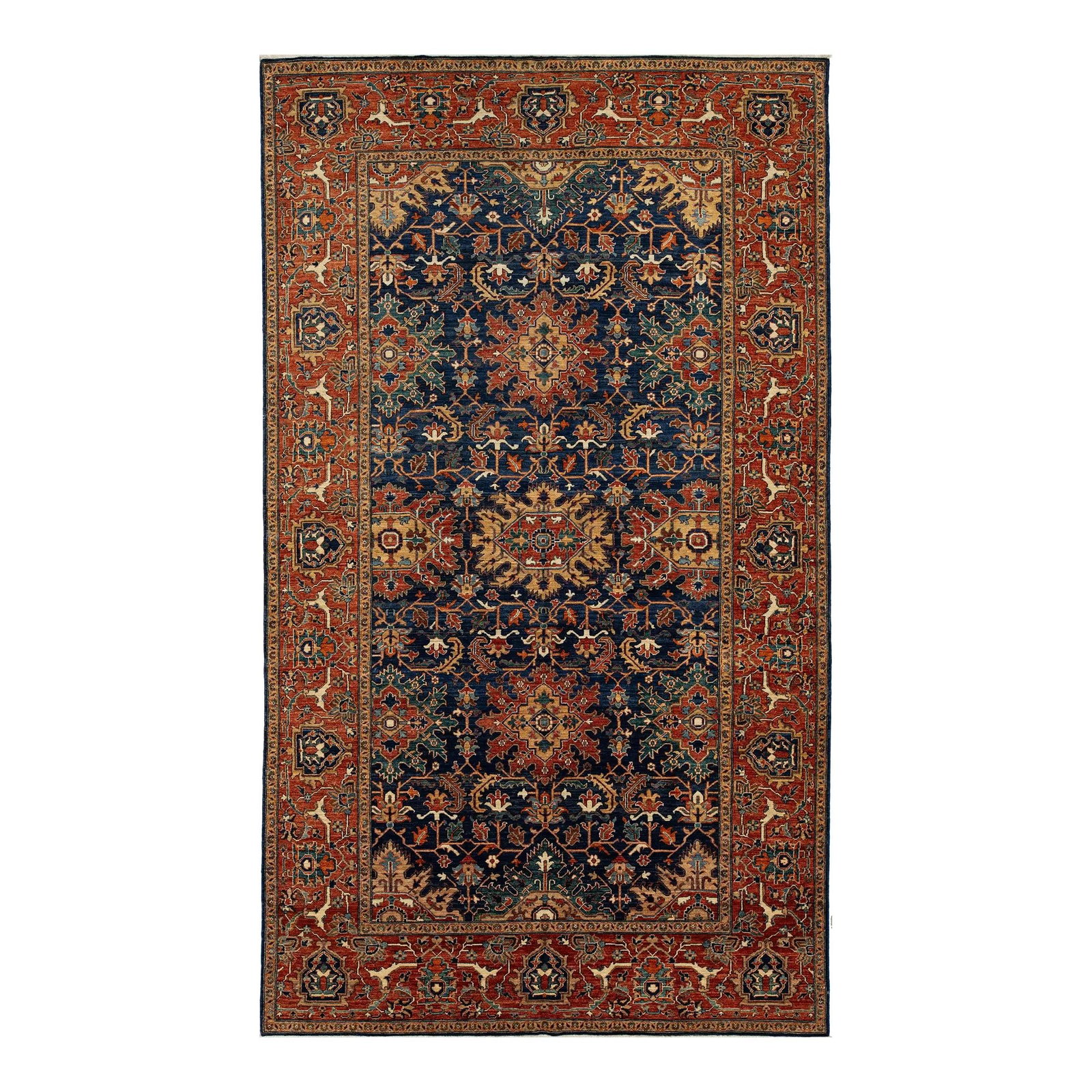 Navy Blue Serapi-Style Wool Rug with Floral Design 8'2 x 13'10: Navy Blue Serapi-Style Wool Rug with Floral Design 8'2 x 13'10 This elegant wool rug features a timeless navy blue background beautifully complemented by a contemporary Serapi-style design. It showcas