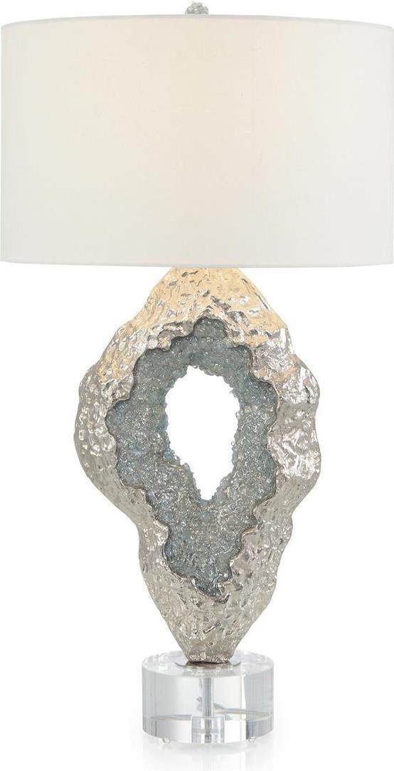 John-Richard Modern Sculpted Nickel Table Lamp with White Shade: John-Richard Modern Sculpted Nickel Table Lamp with White Shade Illuminate your space with this Modern Sculpted Nickel Table Lamp, a striking addition to your lighting collection. Standing at a height