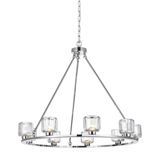 Cadence Chrome Glass 9-Light Chandelier 36 Inch: Cadence Chrome Glass 9-Light Chandelier 36 Inch This pre-owned chandelier features a modern farmhouse design with a chrome-plated metal frame and glass shades. Measuring 36 inches in diameter and widt